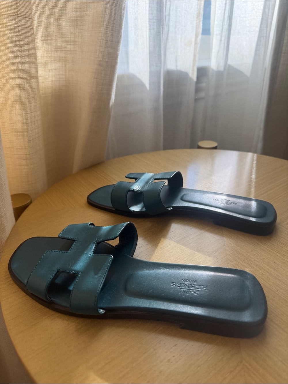 Hermes Oran Leather Slide Sandals Bleu Velvet color - Picture 3 of 7